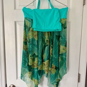 Tropical Leaf Print Halter Swimsuit with Boy Shorts